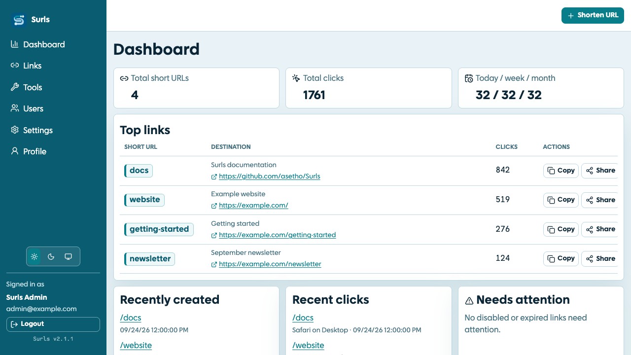 Surls dashboard showing navigation, summary cards, and top links with synthetic sample data